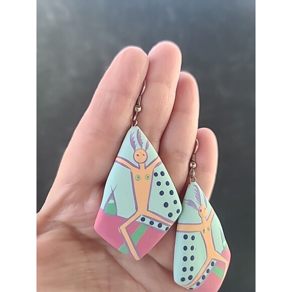 Bohemian Wooden Handpainted Dangling Earrings Vintage Costume Jewelry NOS - Picture 2 of 10